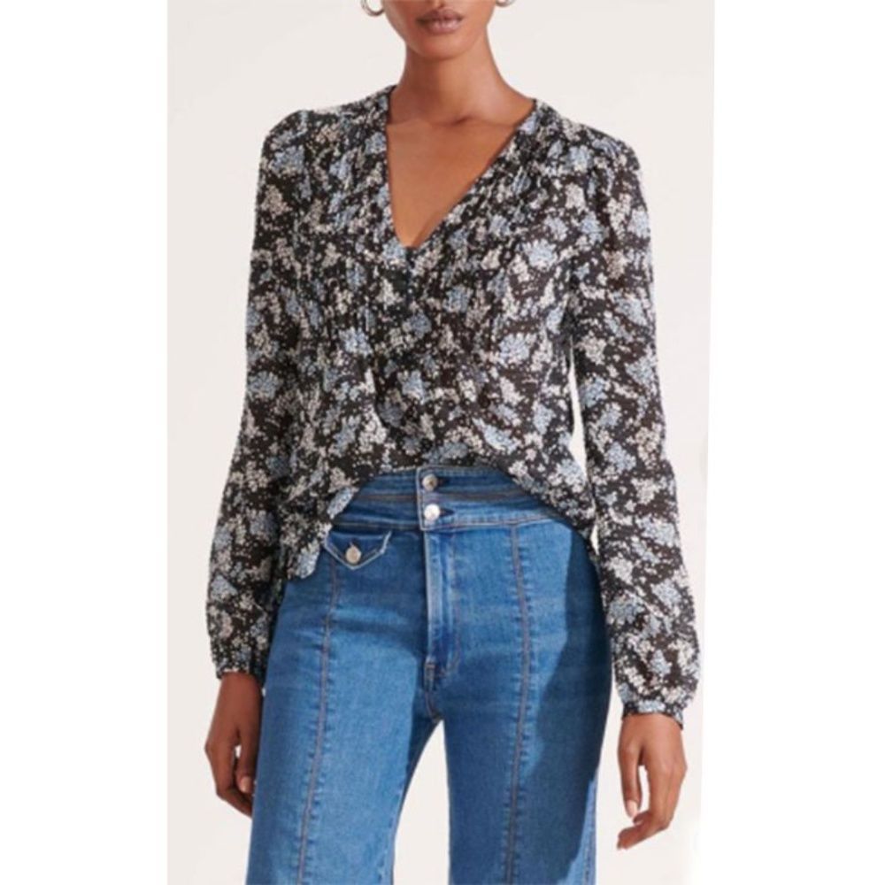 SOLD Veronica Beard "Lowell Blouse" Floral Print - SZ 6, Blue and Black